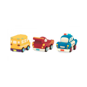 set de 3 véhicules bus jaune, voiture rouge et voiture bleue de dos