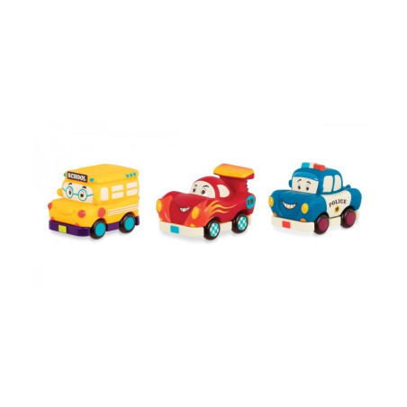 set de 3 véhicules avec bus jaune, voiture rouge et voiture bleue